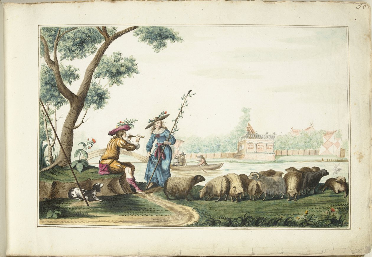 Pastoral forestilling ved en elv av Gesina ter Borch (signed by artist)