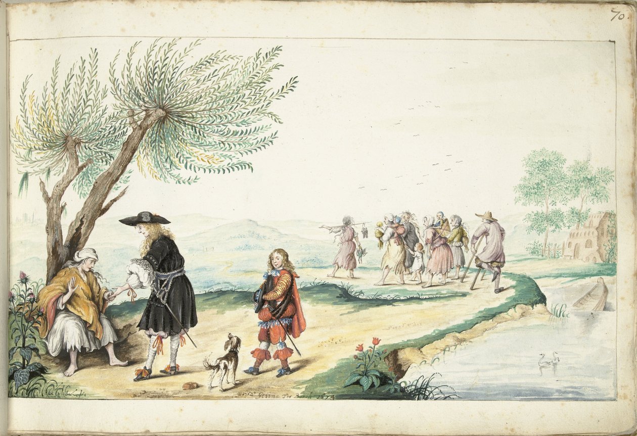 Roma-kvinne leser hånden til en gentleman (Moses?) av Gesina ter Borch (signed by artist)