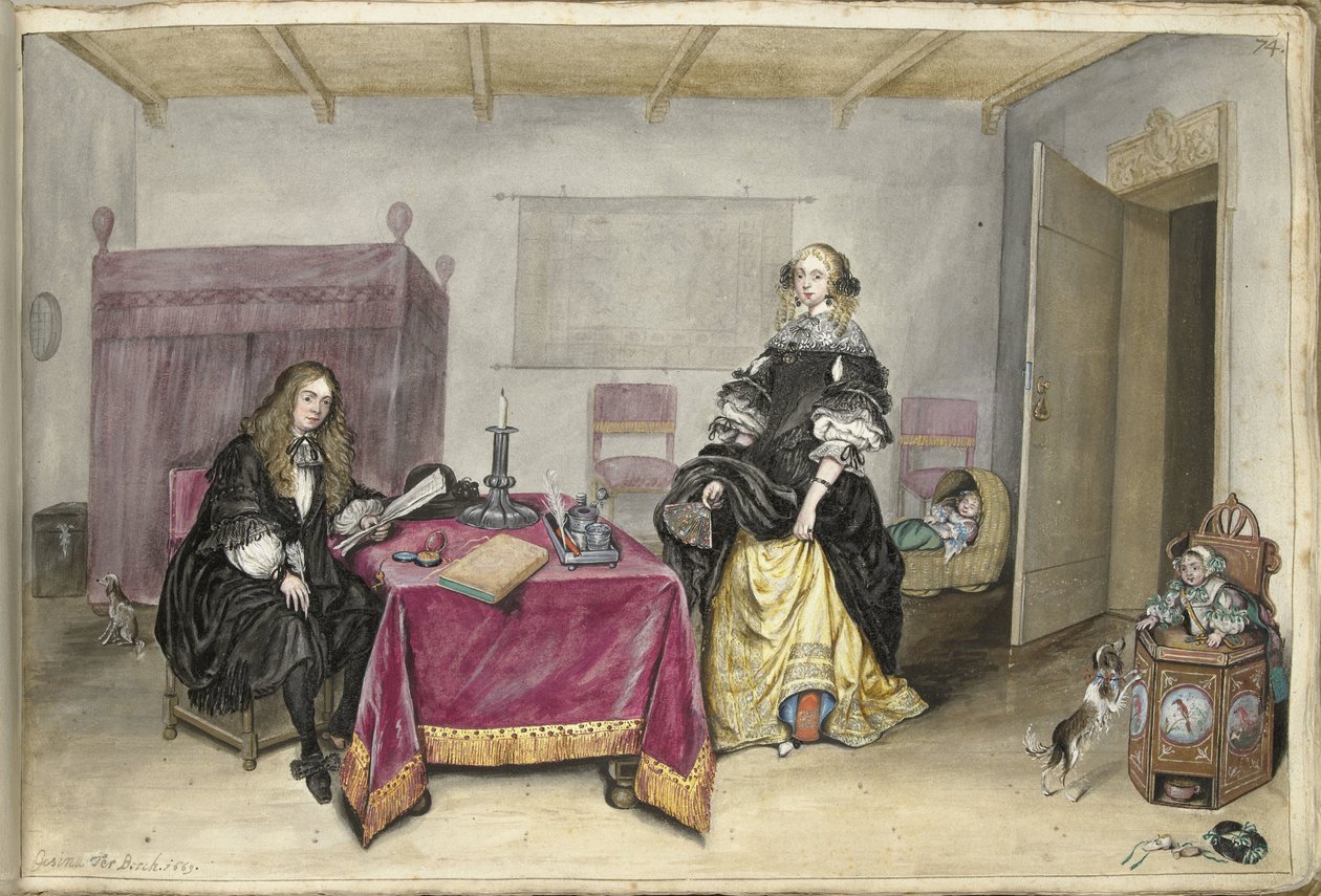 Sijbrant Schellinger og Jenneken ter Borch med to barn i et interiør av Gesina ter Borch (signed by artist)