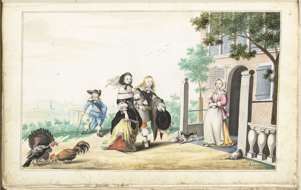 Par hilser på en dame ved døren til et landsted av Gesina ter Borch (signed by artist)