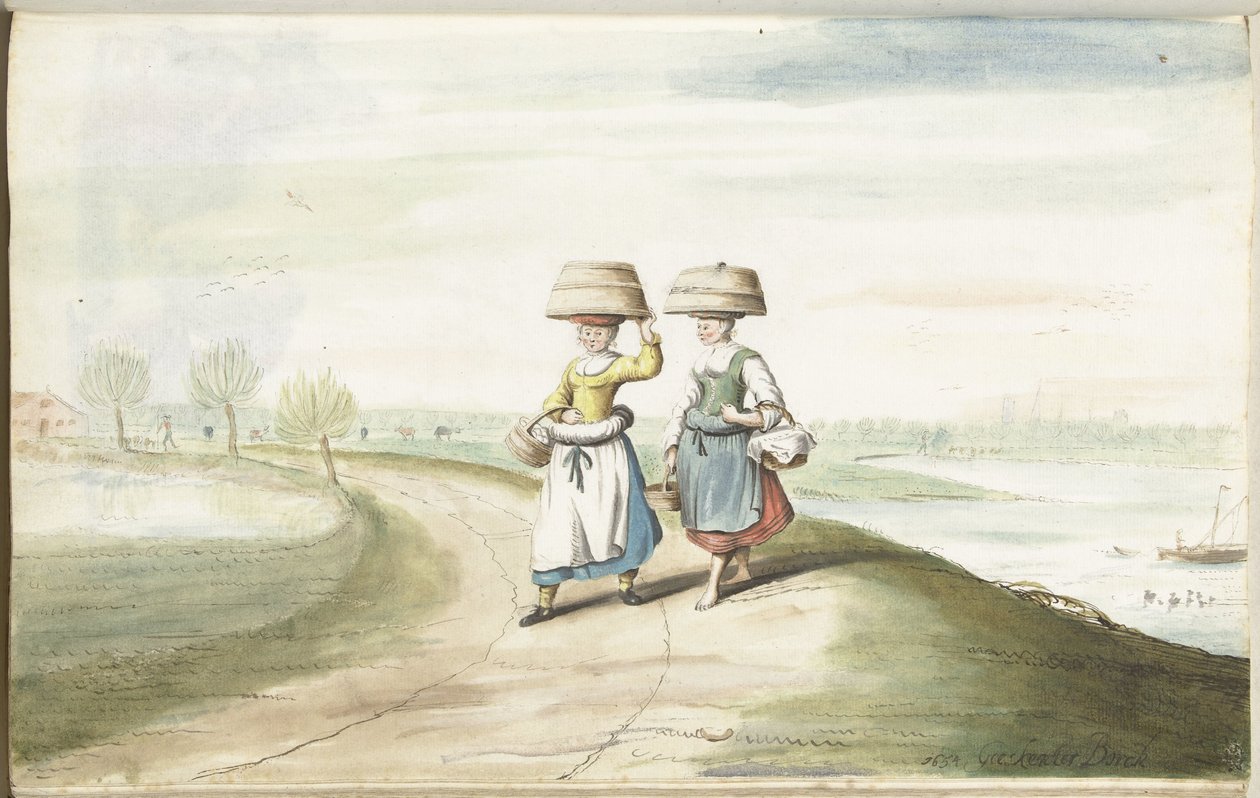 To bondekvinner som går i et landskap av Gesina ter Borch (signed by artist)