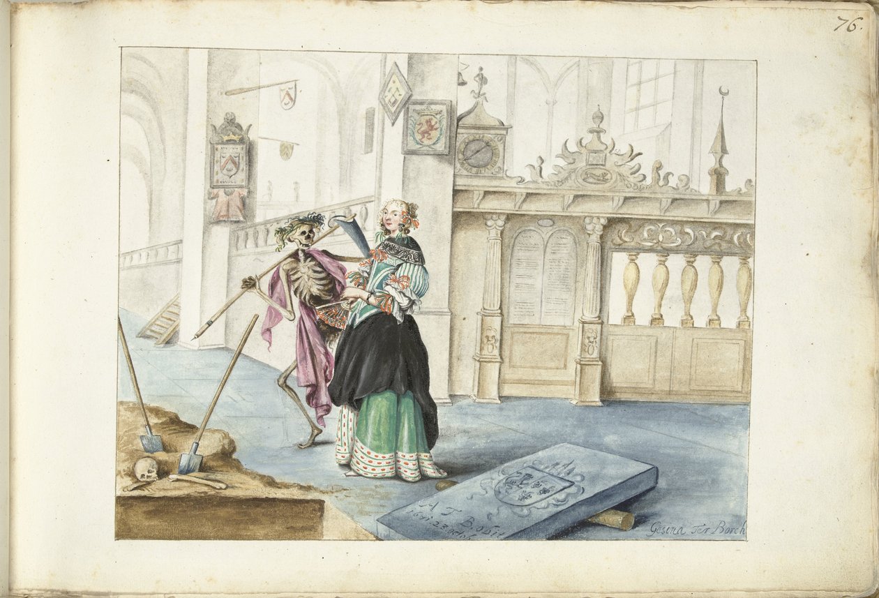 Kvinne (Aeltien?) som står ved siden av Døden i St. Michaels kirke, Zwolle av Gesina ter Borch (signed by artist)