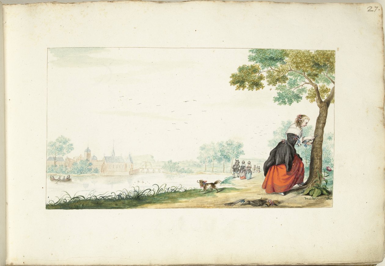 Kvinne etser navn på et tre av Gesina ter Borch (signed by artist)