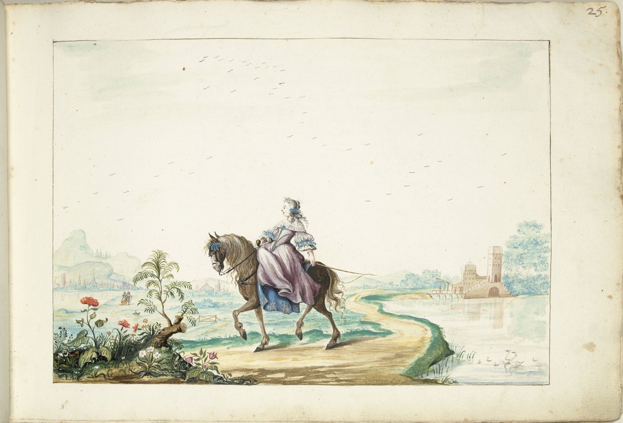Kvinne til hest i et landskap av Gesina ter Borch (signed by artist)