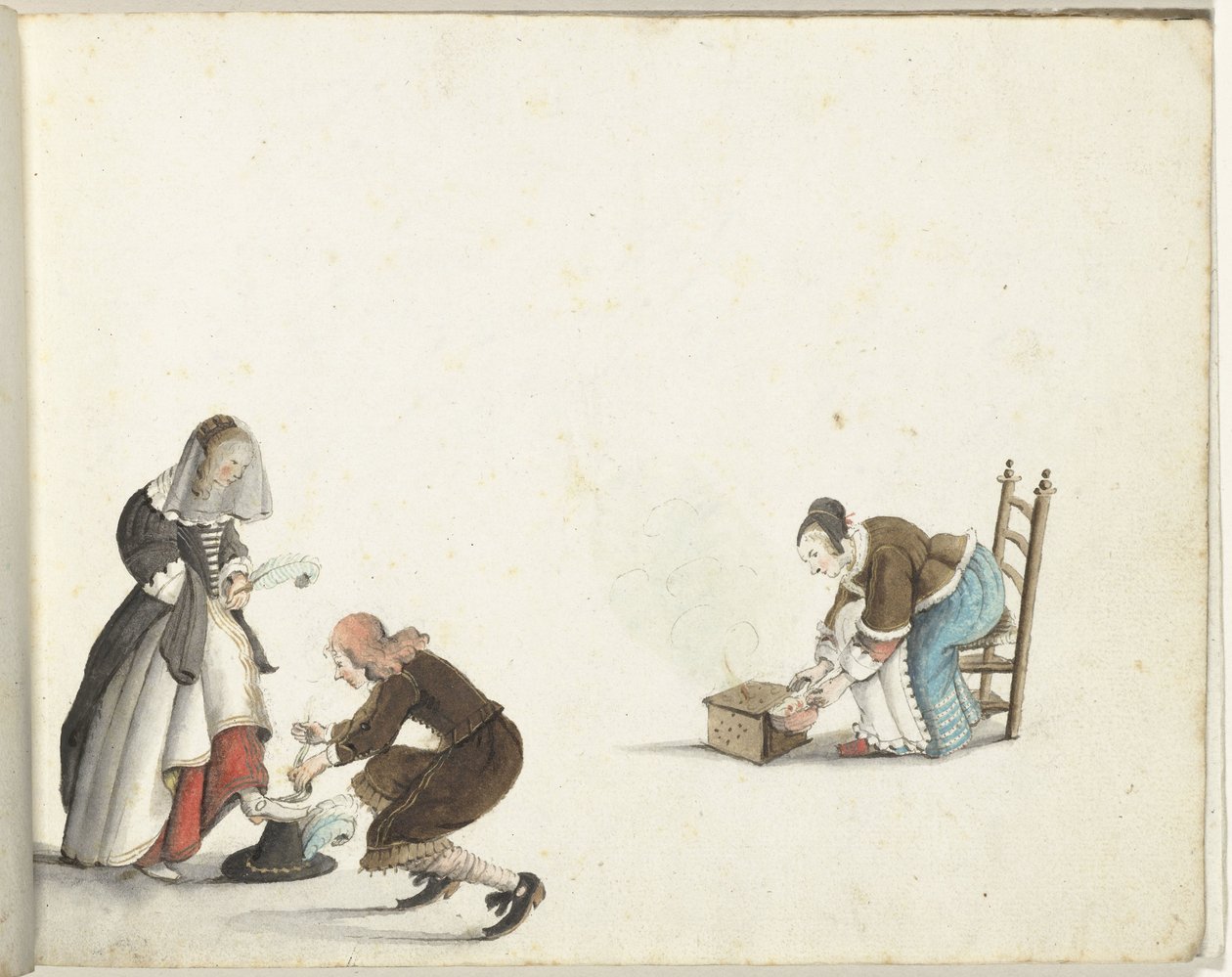 Lord strammer en dames sko og en kvinne setter fyr i en komfyr av Gesina ter Borch