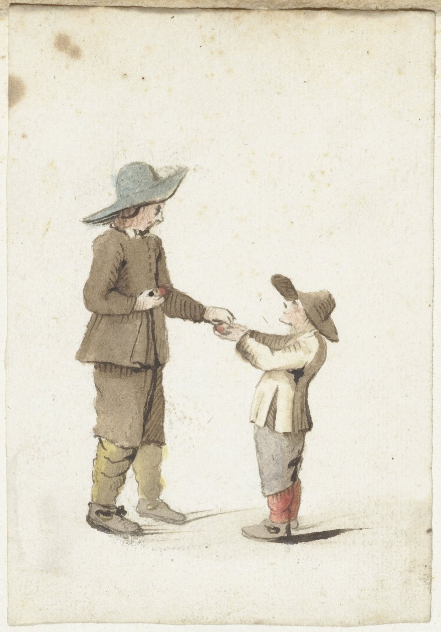 Gutt gir et eple til en yngre gutt av Gesina ter Borch