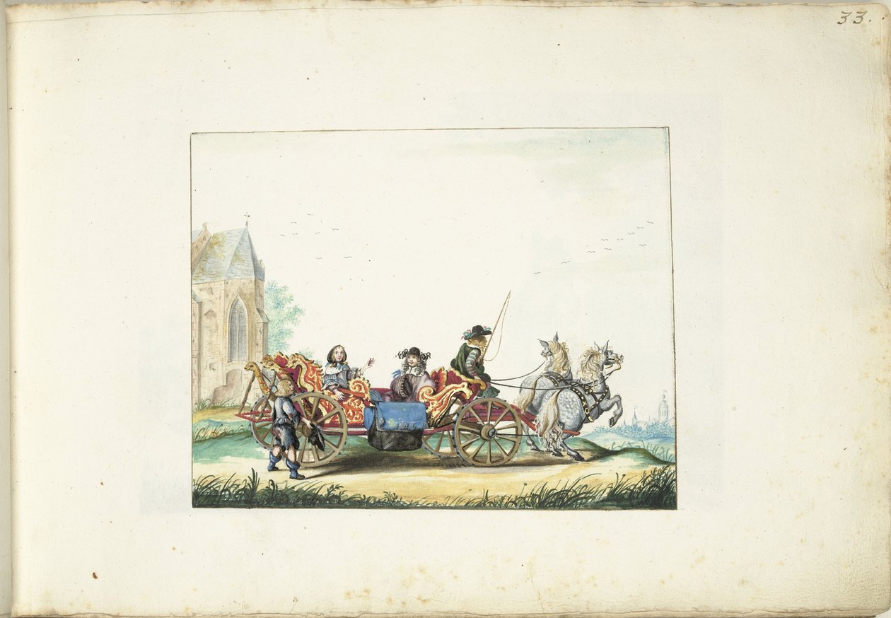 Liten gutt som tigger ved vognen til et elegant par av Gesina ter Borch