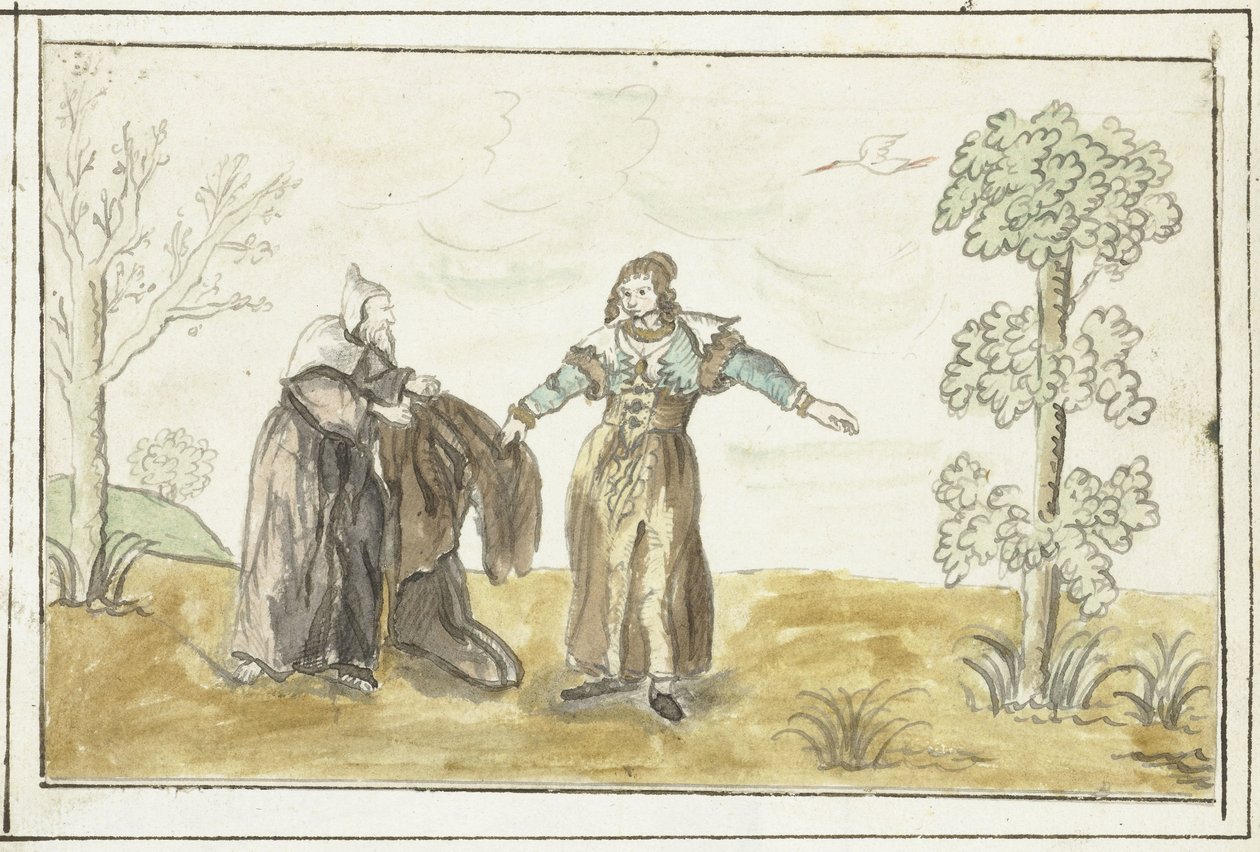 Eremitt gir en dame kappen sin av Gesina ter Borch