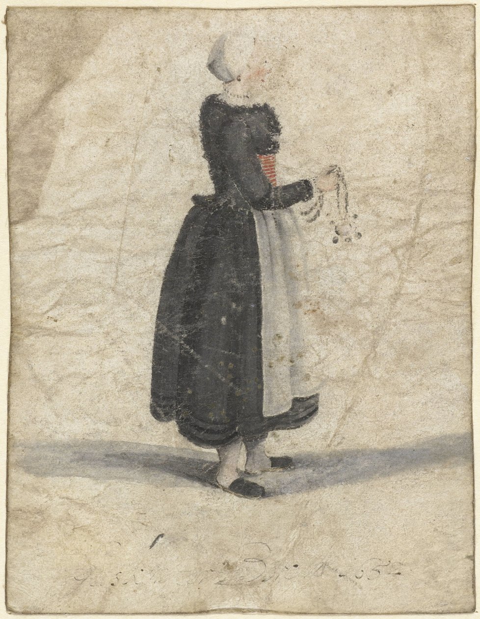 Nord-Holland kvinne stående med en ornament eller veske i hånden av Gesina ter Borch