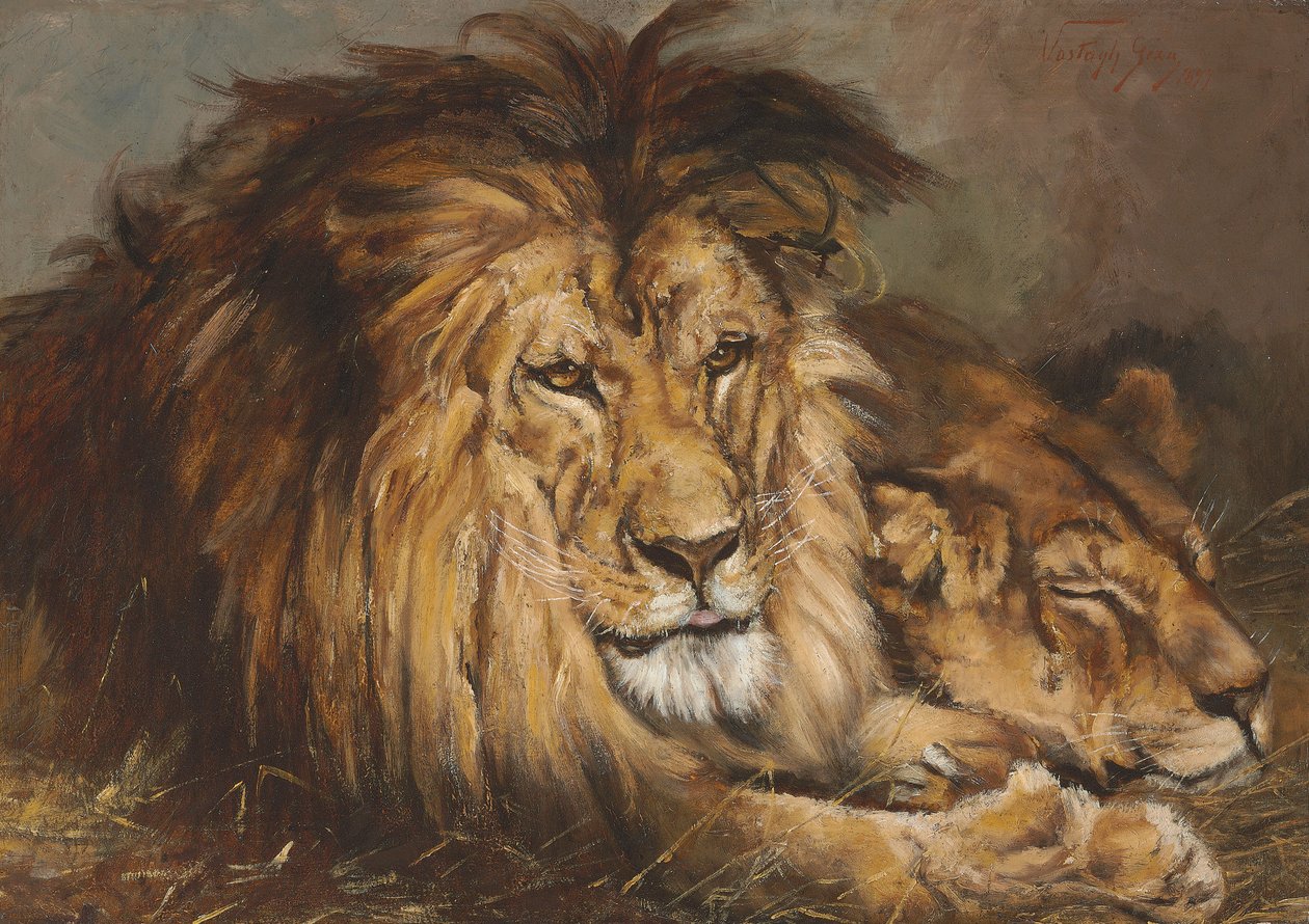 Skisse for "Lion and Lioness Resting", 1899 av Geza Vastagh