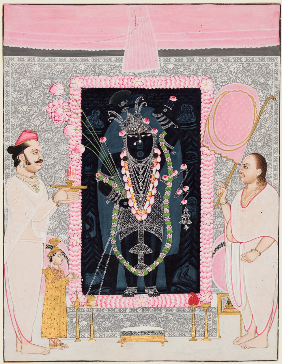 Overpresten Tilakayat Govardhanlalji ofrer Shri Nathji for å feire ..., ca. 1890 av Ghasiram Hardev Sharma