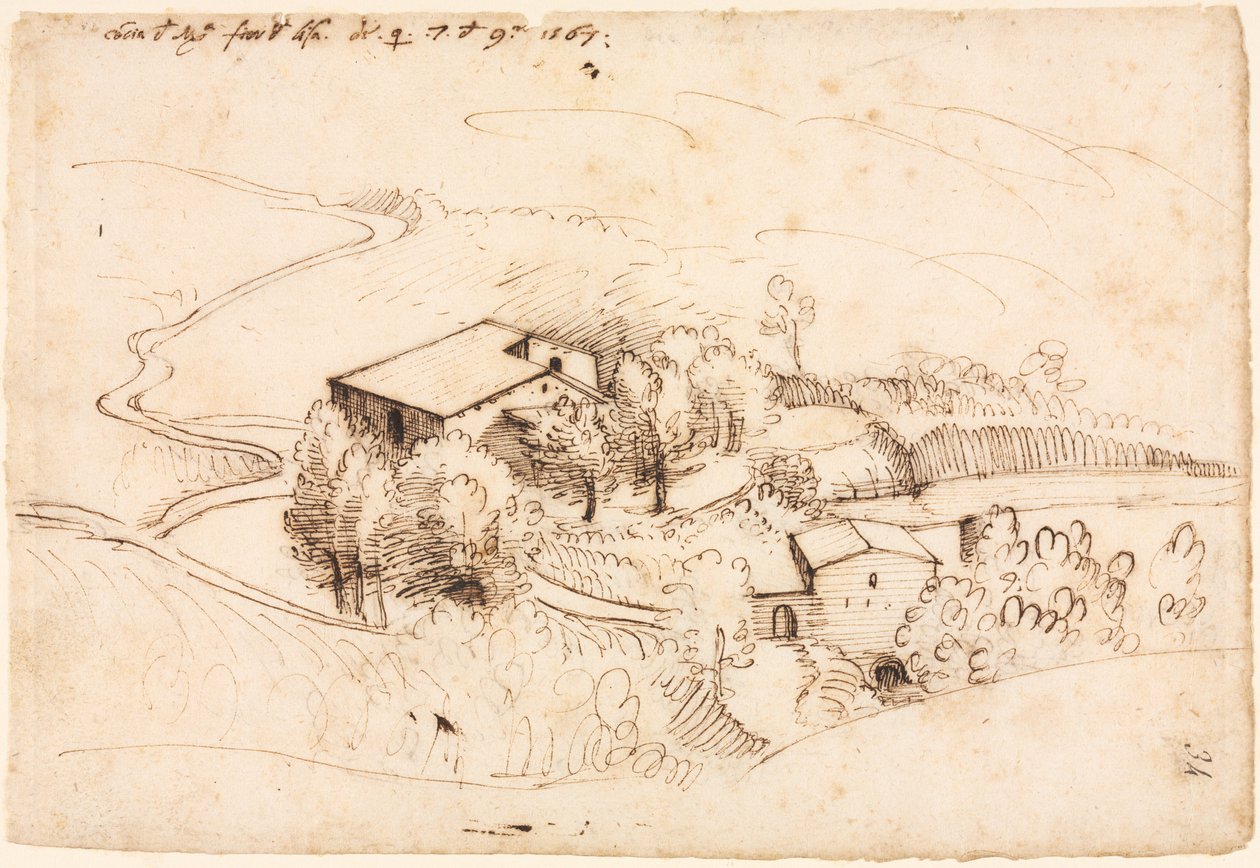 Gård med trær i et kupert landskap recto, 1567. av Gherado Cibo