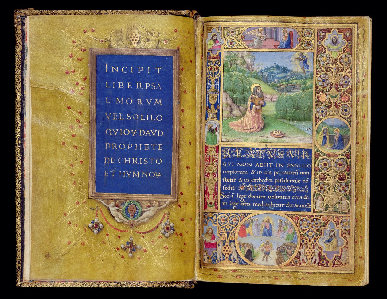 Ms 37-1950, ff.1v-2r: Tittelside og miniatyr av kong David i bønn, fra Medici-psalteren, Firenze, ca. 1480-90 (blekk i gull og tempera på pergament) av Gherardo di Giovanni di Miniato