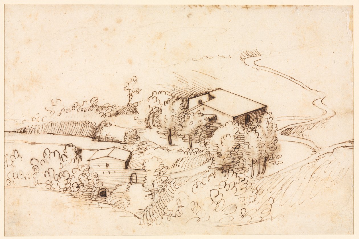 Gård med trær i et kupert landskap verso, 1567. av Gherardo Cibo