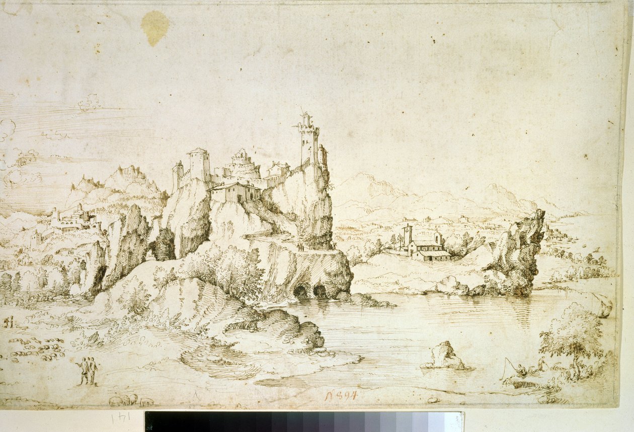 ""Un chateau perche sur une montagne"" (A Castle on a Rock in Mountainscape) Tegning med brunt blekk av Gherardo Cibo (1512-1600) 1540 Pushkin Museum, Moskva av Gherardo Cibo