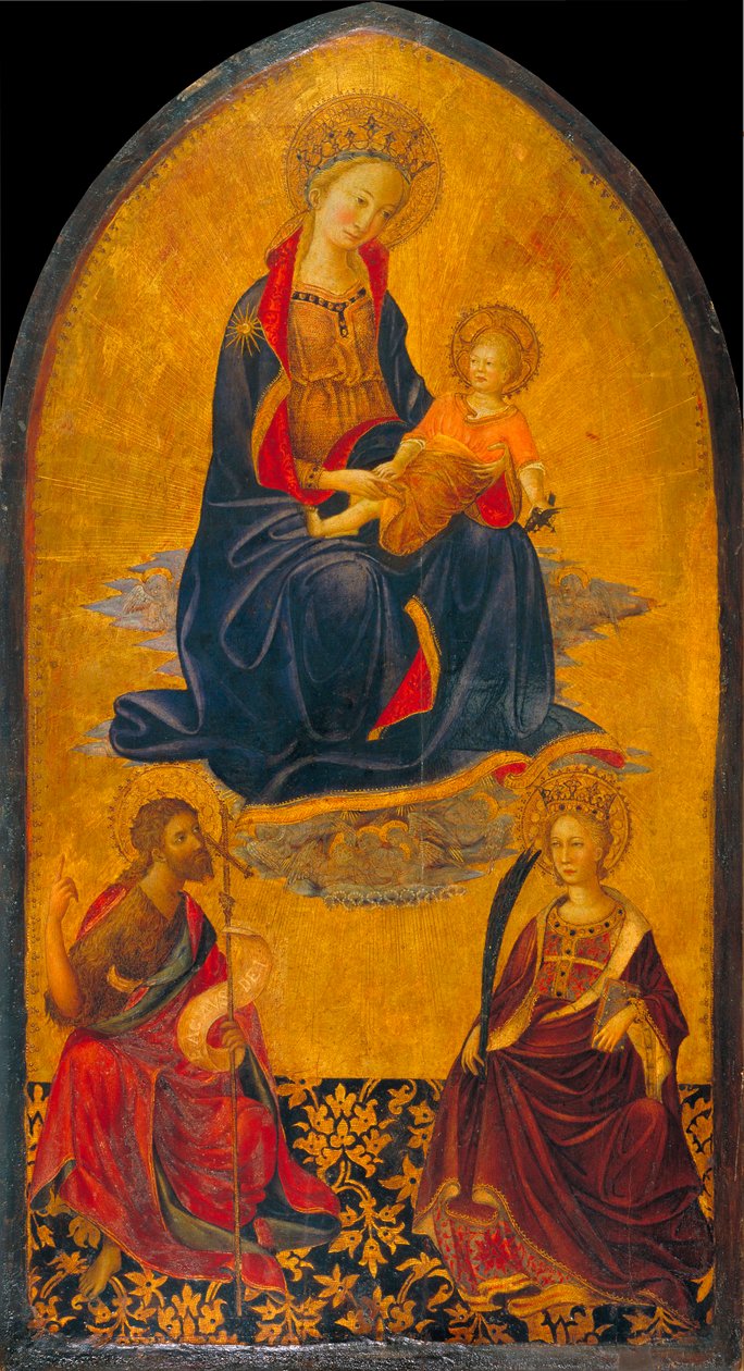 The Adoration of the Virgin and Child av Saint John the Baptist og Saint Catherine - The Adoration of the Virgin and Child av Saint John the Baptist og Saint Catherine - Maleri av Gherardo Starnina (ca. 1364-1413) - Slutten av 1300-tallet. - Tempera på pan av Gherardo Starnina