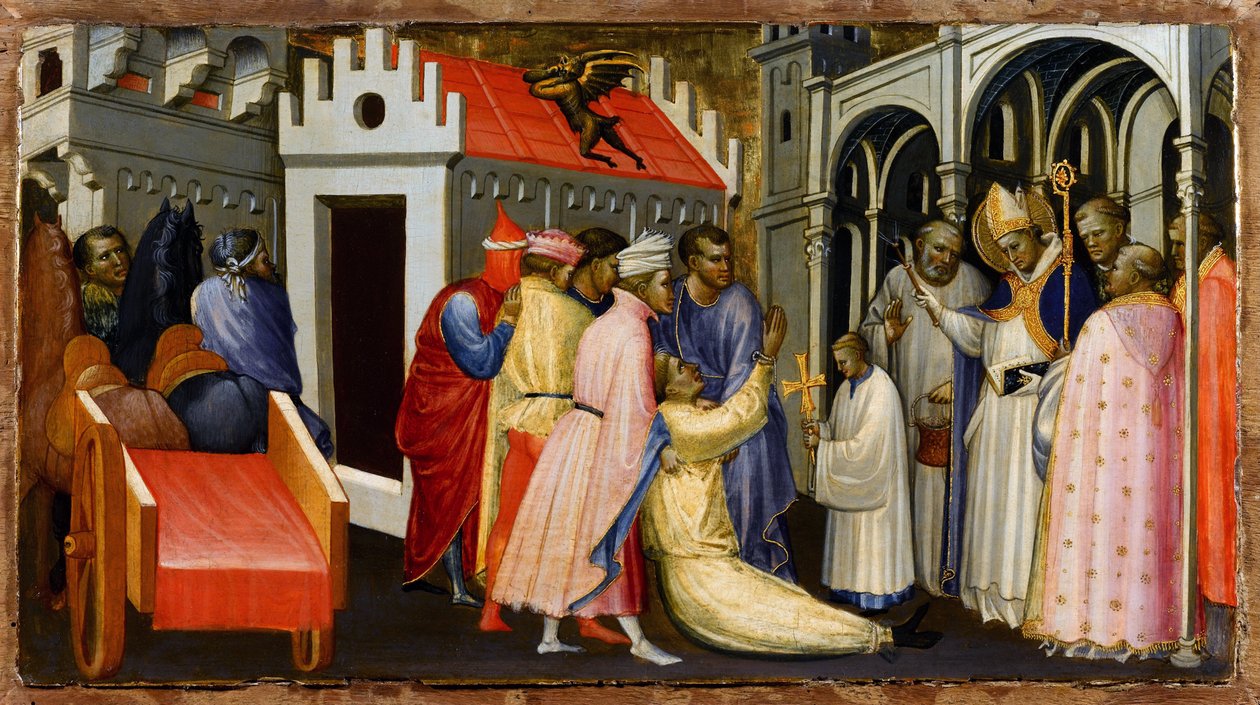 Saint Hugh of Avalon (1140-1200) eller Saint Hugh of Lincoln eksoriserer en mann besatt av djevelen - Saint Hugh of Lincoln eksoriserer en mann besatt av djevelen - Maleri av Gherardo Starnina (ca. 1364-1413) - 1404-1407 - Tempera på panel - 28,4x50,4 - av Gherardo Starnina