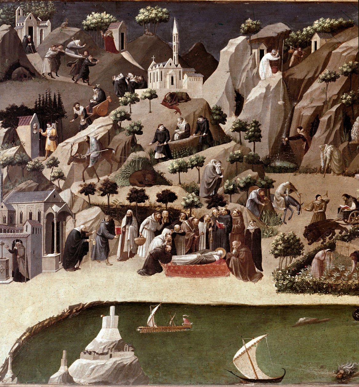 Thebaide of the Hermits Detail. Beskrivelse av livet til eremitter i ørkenen. Detrempe på tre tilskrevet Gherardo Starnina (1300-1400-tallet). 1400 ca. Dim. 2x0,8 m Firenze, galleria degli uffizi (kontorer) av Gherardo Starnina