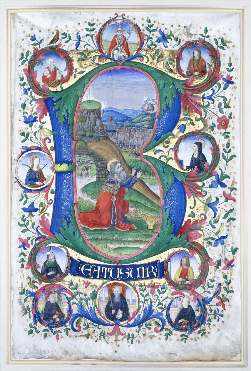 Kong David ved bønn innenfor en veldig stor initial "B", omringen med ti store runder som hver inneholder portrettet av en helgen, ca. 1500 av Gherardo di Giovanni del Fora