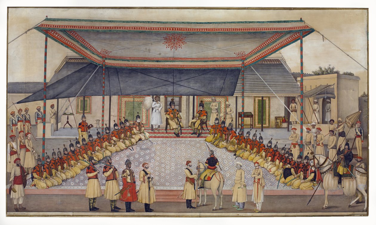 Oberst James Skinner holder en Regimental Durbar, 1827 (wc med gouache på papir) av Ghulam Ali Khan