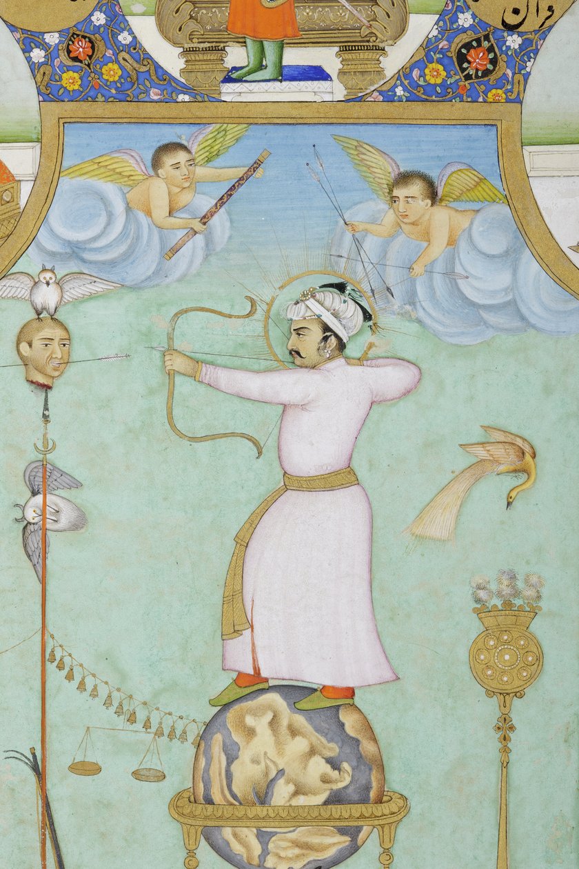 Detalj fra allegorisk portrett av Jahangir (ugjennomsiktig akvarell og gull på papir) av Ghulam Ali Khan
