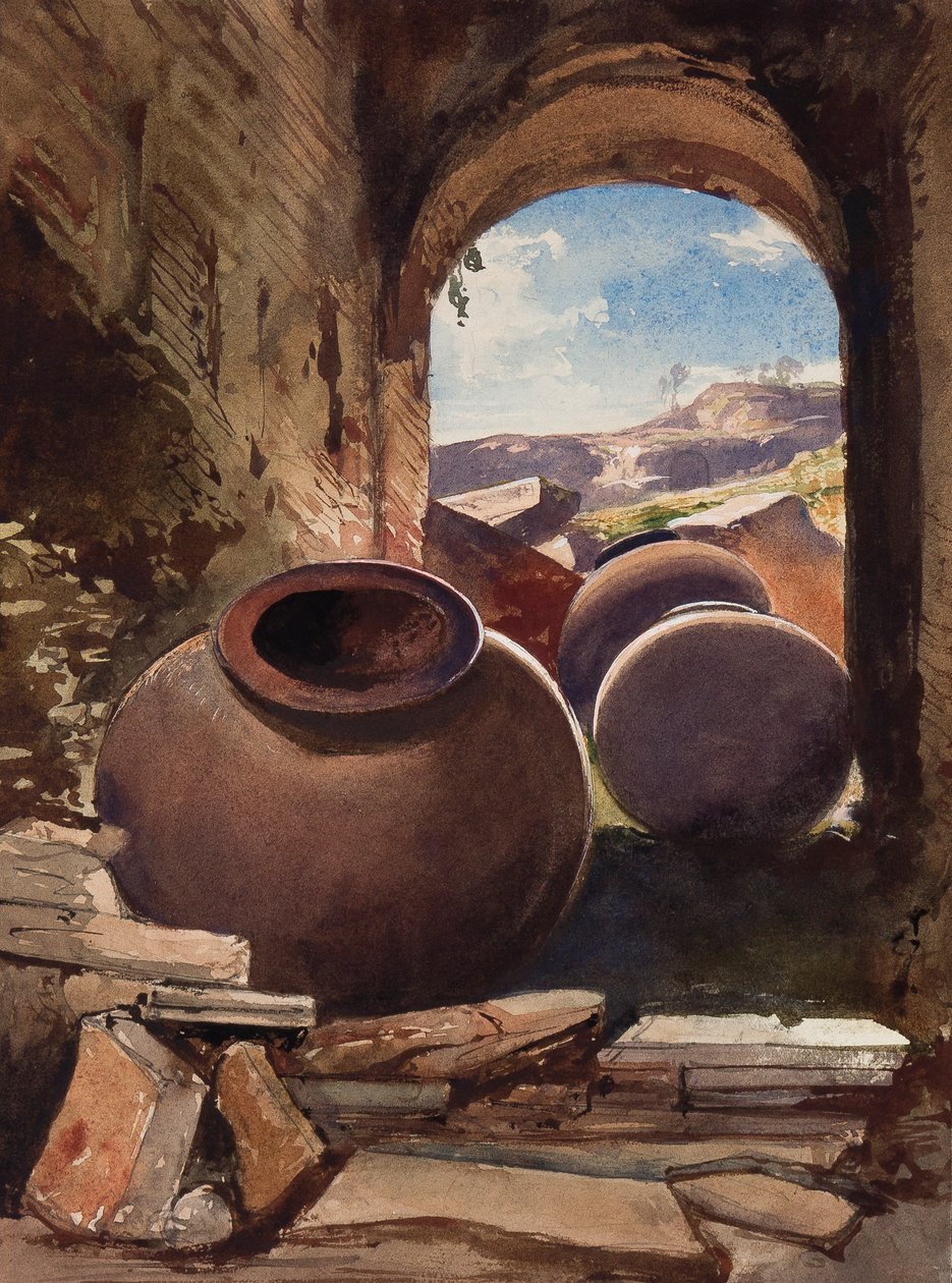 Amforer i en ruin, med tillegg av en Borbone-elev (blyant, wc og gouache på papir) av Giacinto Gigante