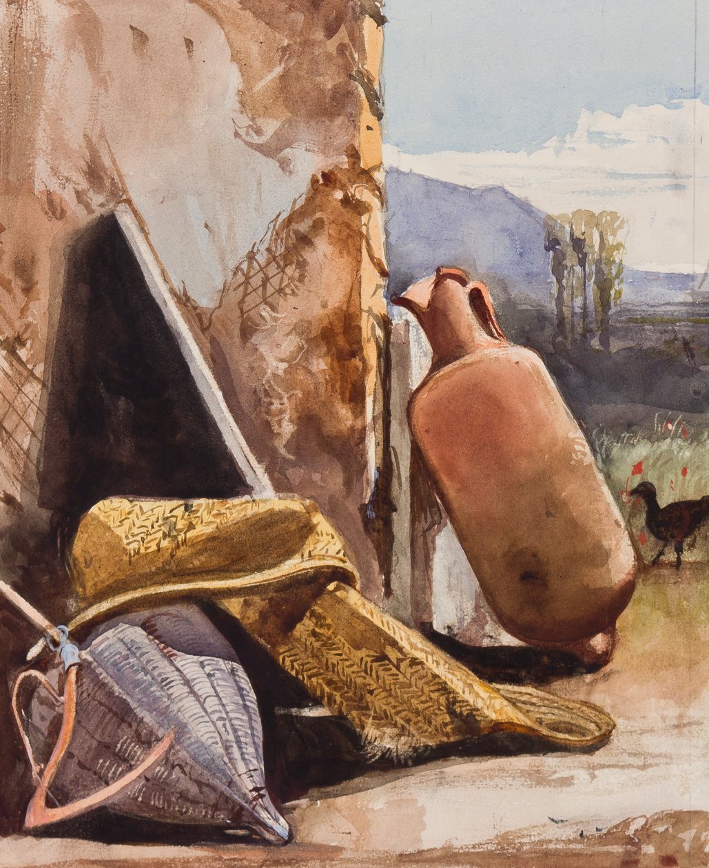 Kurver og amfora med fugl, med tillegg av en Borbone-elev (blyant, wc og gouache på papir) av Giacinto Gigante