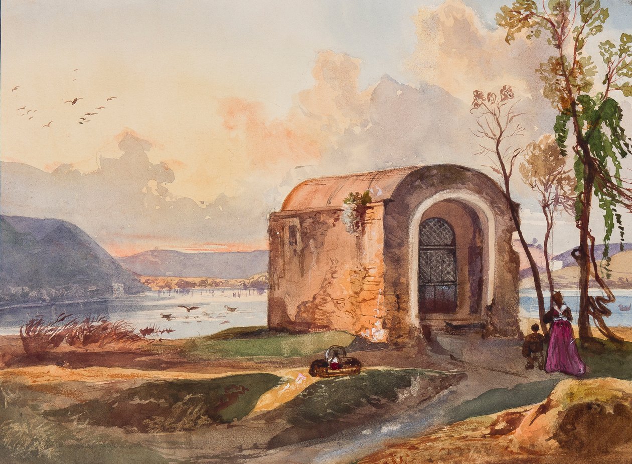 Kapell ved Lucrinosjøen, med tillegg av en Borbone-elev, muligens prinsesse Maria Annunziata di Borbone (1843-1871) (blyant, wc og gouache på papir) av Giacinto Gigante