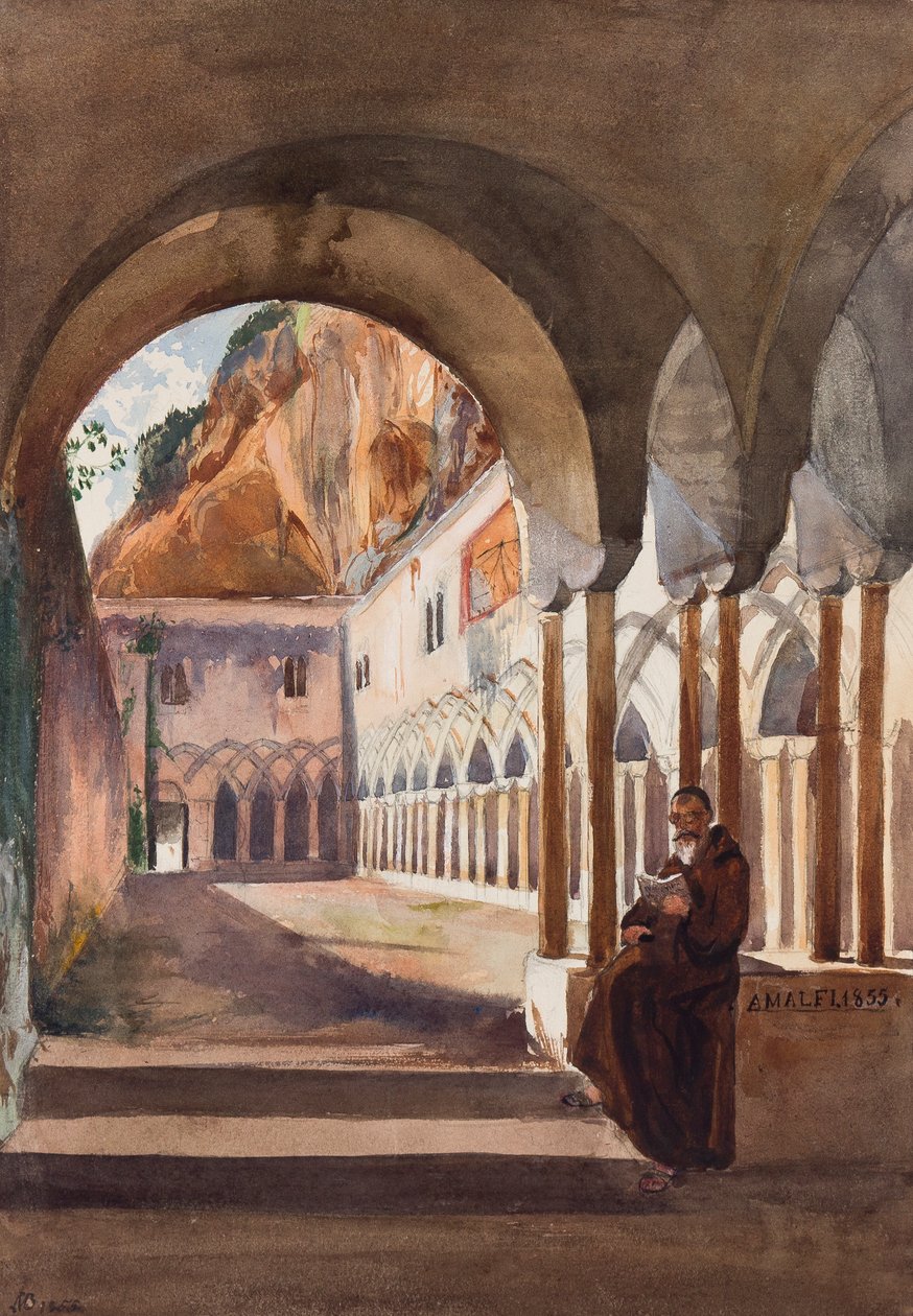 Kloster på Amalfi, med tillegg av prins Luigi Maria di Borbone (1838-1886), 1855 (blyant og wc på papir) av Giacinto Gigante