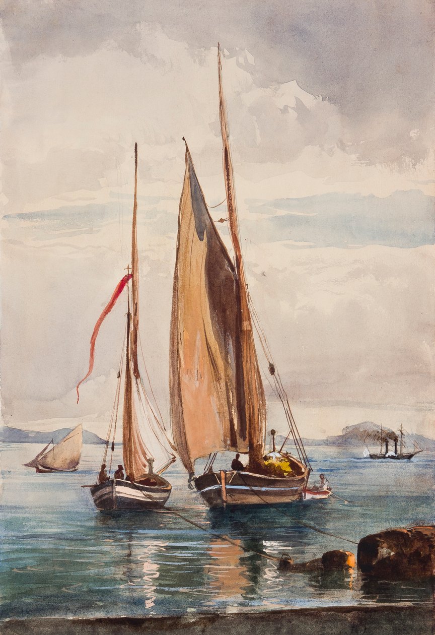 Fiskebåter og dampskip, med tillegg av prins Alfonso Maria di Borbone (1841-1934) (blyant, wc og gouache på papir) av Giacinto Gigante