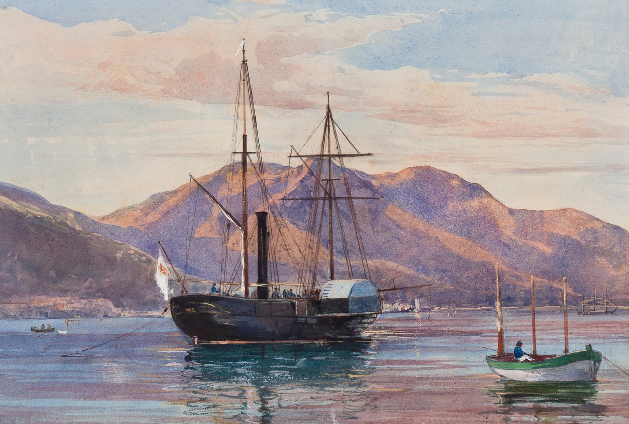 Gaeta: en dampfregatt, muligens det kongelige dampskipet Delfino eller Archimede som fører Borbone-flagget, med tillegg av en Borbone-elev, muligens prinsesse Maria Annunziata di Borbone (1843-1871) (penc av Giacinto Gigante