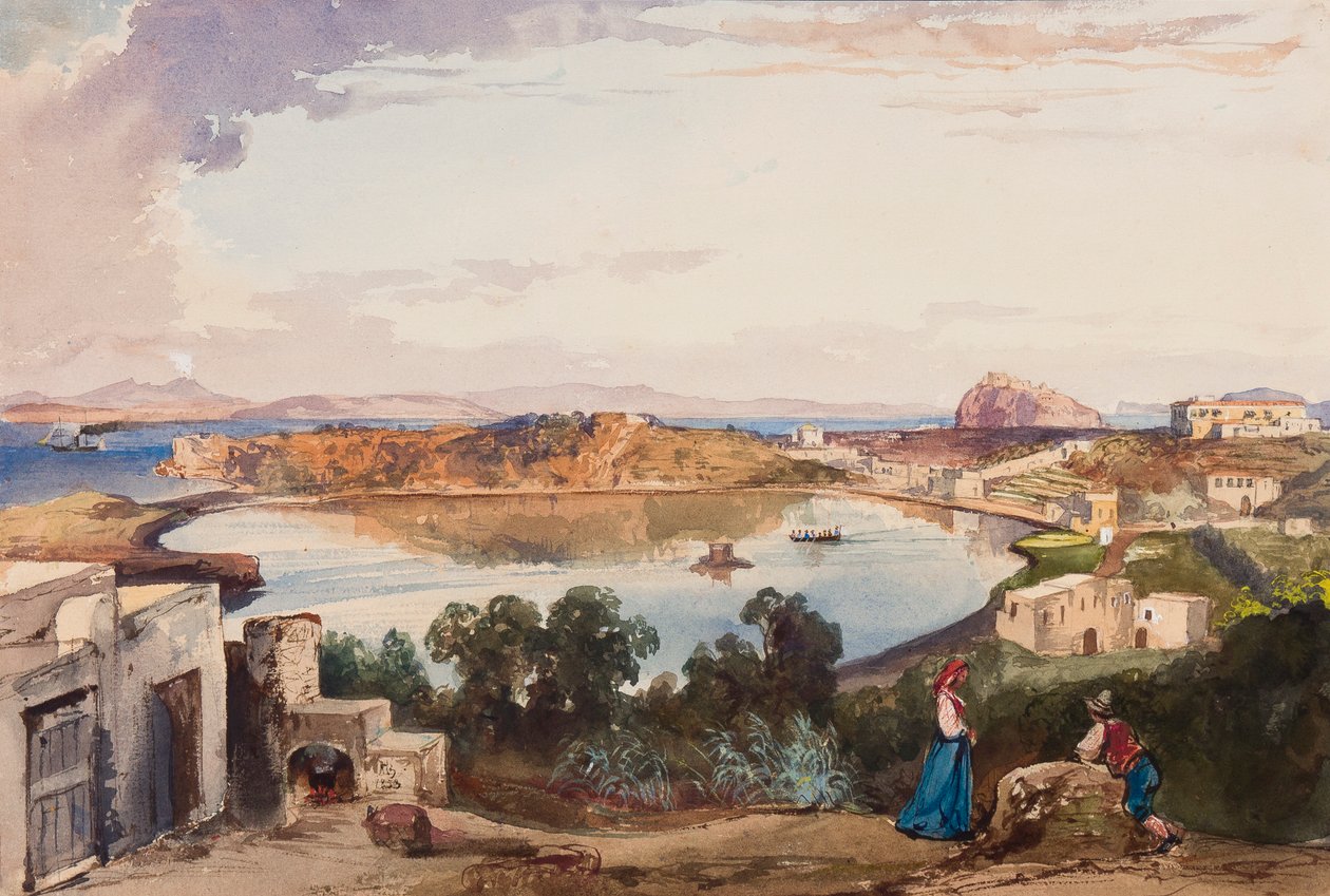 Ischia, kalderaen like før inngangen til sjøen ble kuttet, kongeslottet til høyre, med tillegg av prins Alfonso Maria di Borbone (1841-1934), 1853 (blyant, wc og gouache på papir) av Giacinto Gigante