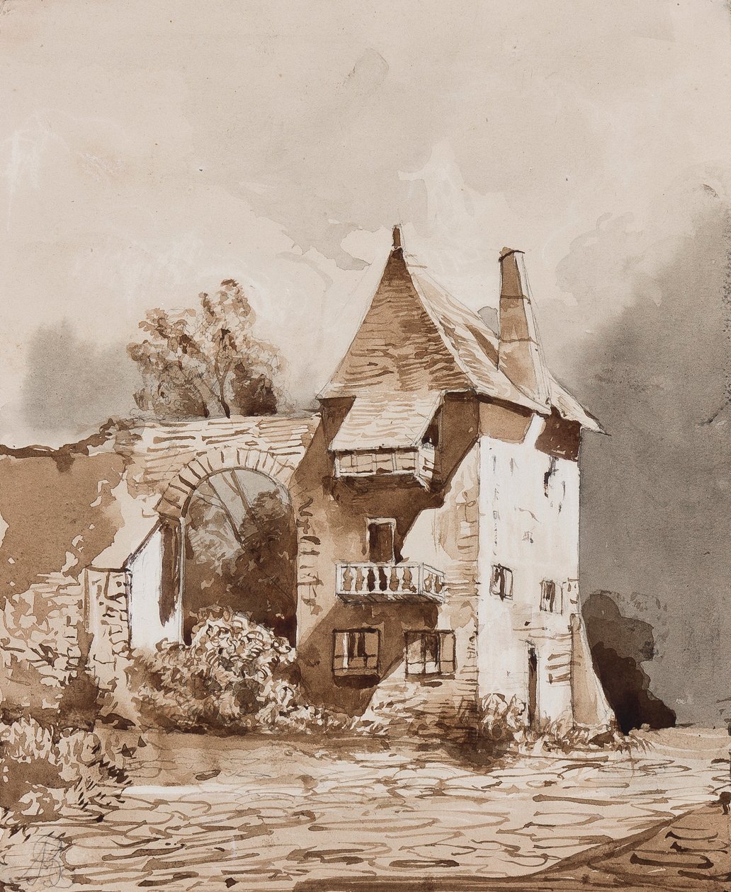 Pittoresk gateway (blyant og sepia vask på papir) av Giacinto Gigante