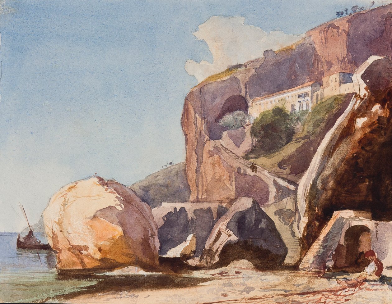 Kapusinerklosteret i Amalfi fra stranden, med tillegg av en Borbone-elev (blyant, wc og gouache på papir) av Giacinto Gigante