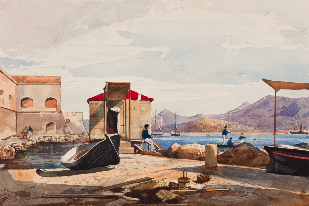 Havnen i Gaeta, med tillegg av prinsesse Maria Annunziata di Borbone (1843-1871) (blyant, wc og gouache på papir) av Giacinto Gigante