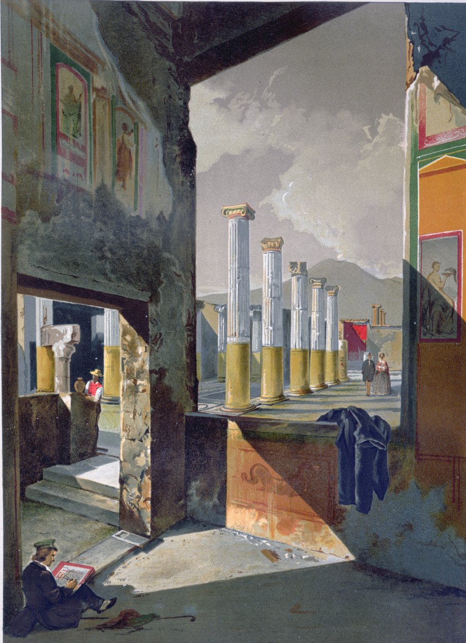 Turister som besøker og skisserer i Pompeii, ca. 1860 av Giacinto Gigante