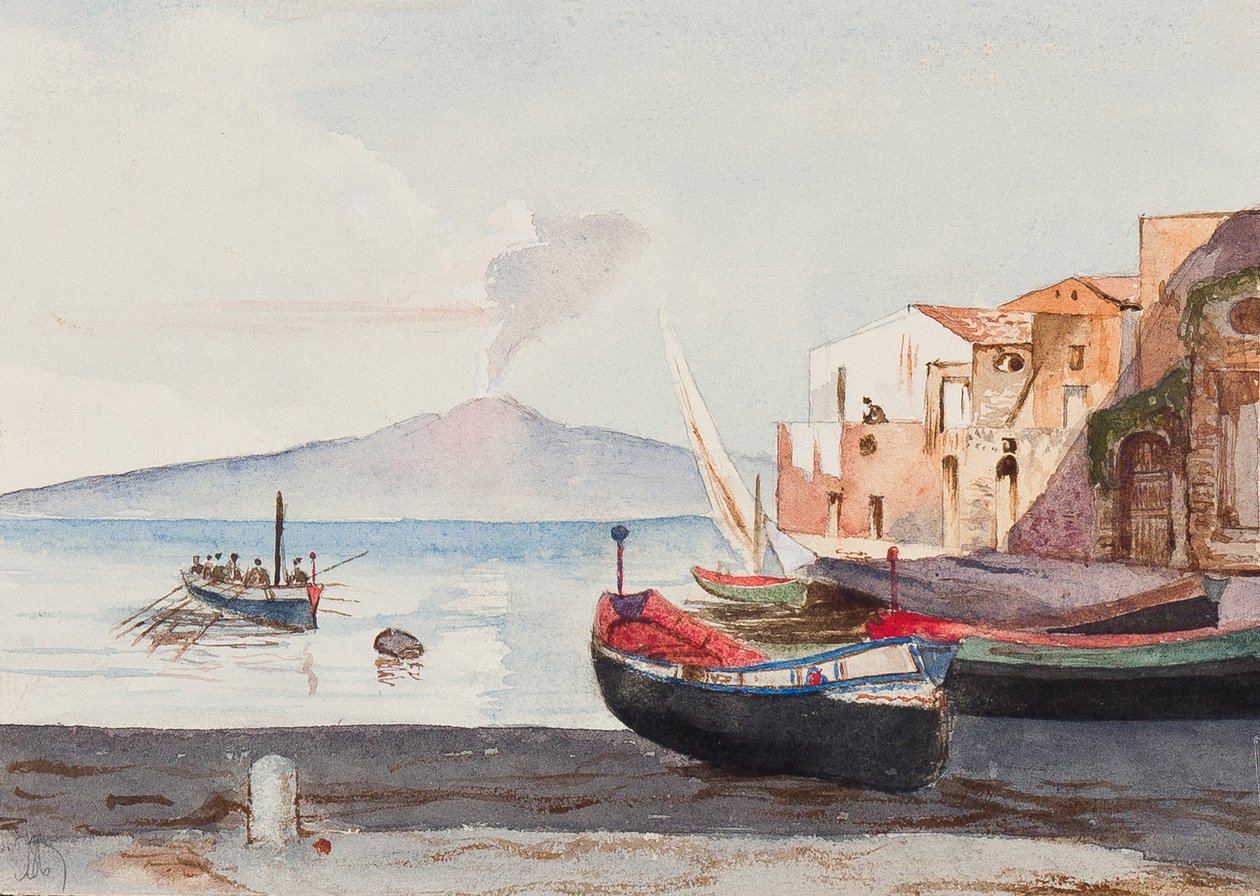 Vesuv fra Sorrento, med tillegg muligens av prinsesse Maria Annunziata di Borbone (1843-1871) (blyant og wc på papir) av Giacinto Gigante