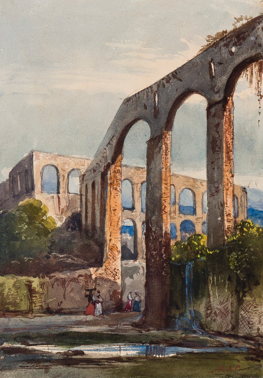 Kvinner under den romerske akvedukten ved Maddaloni, med tillegg av prinsesse Maria Annunziata di Borbone (1843-1871) (blyant, wc og gouache på papir) av Giacinto Gigante