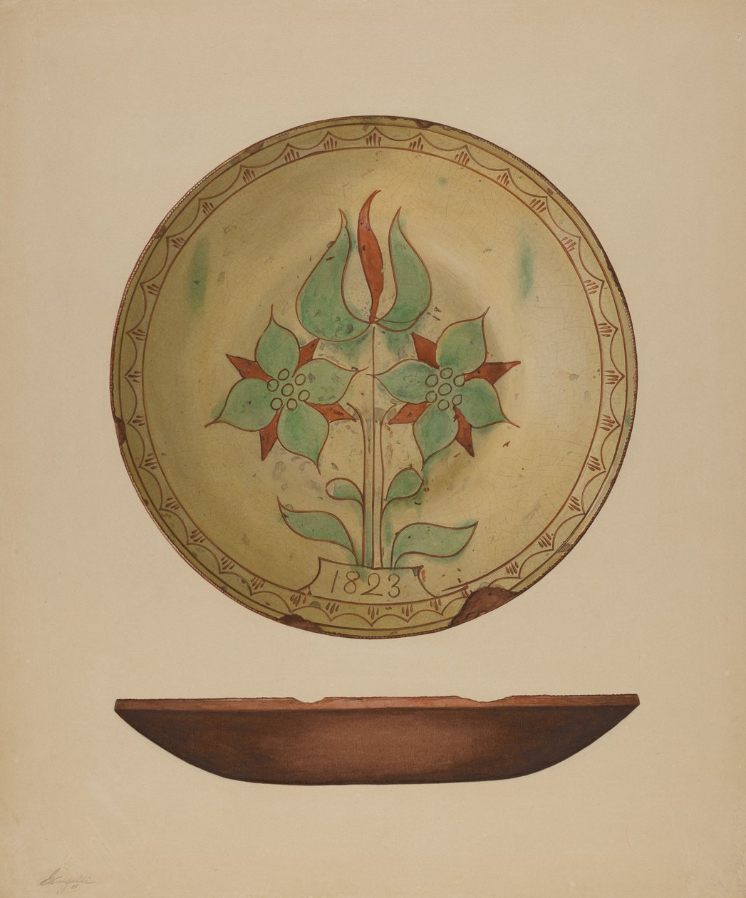 Tallerken med tulipan og to blomster, 1938. av Giacinto Capelli