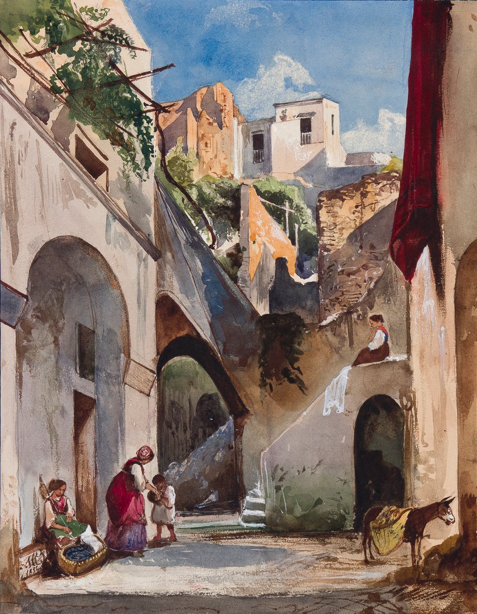 Hus på Costiera på den sorrentinske halvøya, med tillegg av prinsesse Maria Annunziata di Borbone (1843-1871), 1853 (blyant, wc og gouache på papir) av Giacinto Gigante