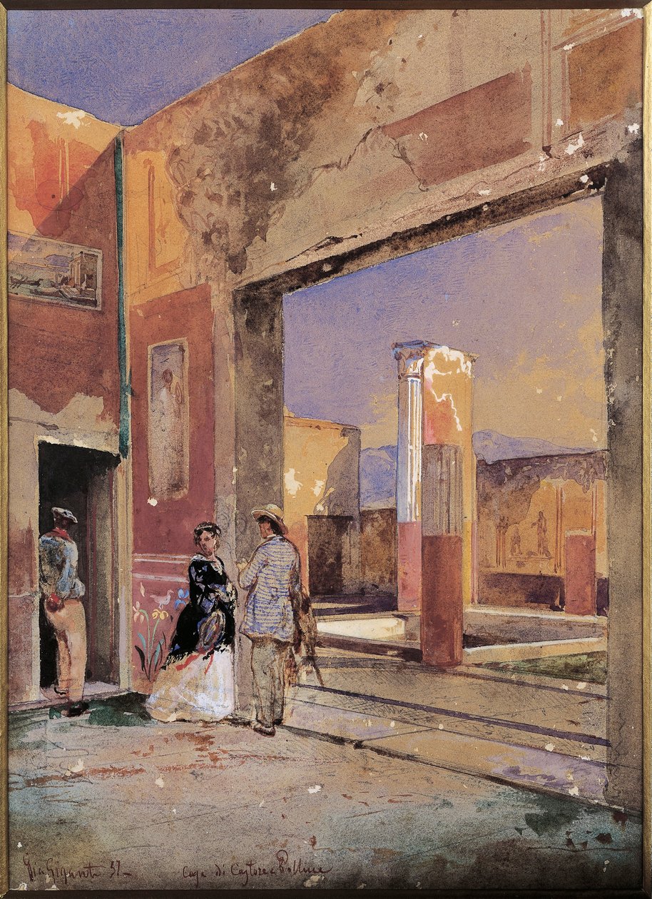 Italia, Castor og Pollux-huset i Pompeii 1857 (akvarell) av Giacinto Gigante