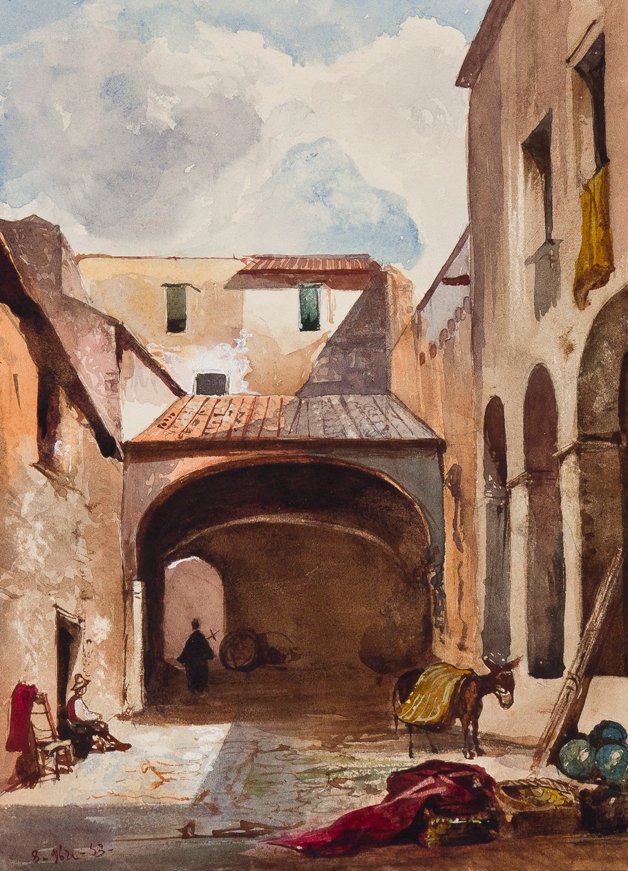 Passasje og gate med figurer, med tillegg av en Borbone-elev, muligens prins Alfonso Maria di Borbone (1841-1934), 1853 (blyant, wc og gouache på papir) av Giacinto Gigante