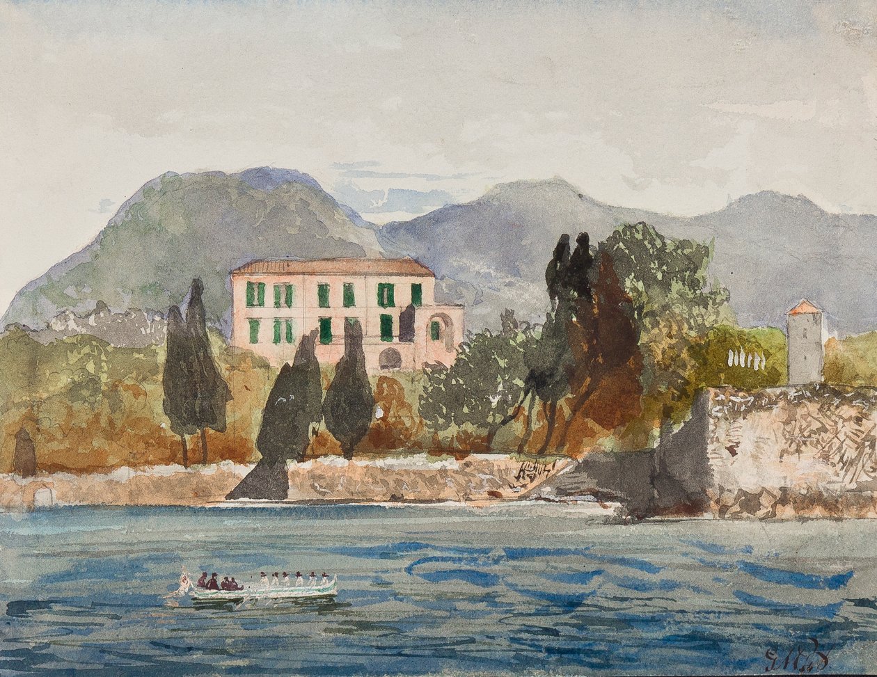 Roflåte med Borbone-flagget nærmer seg et stort hus på den napolitanske kysten, med tillegg av prins Gaetano Maria Federico di Borbone (1846-1871) (blyant, wc og gouache) av Giacinto Gigante