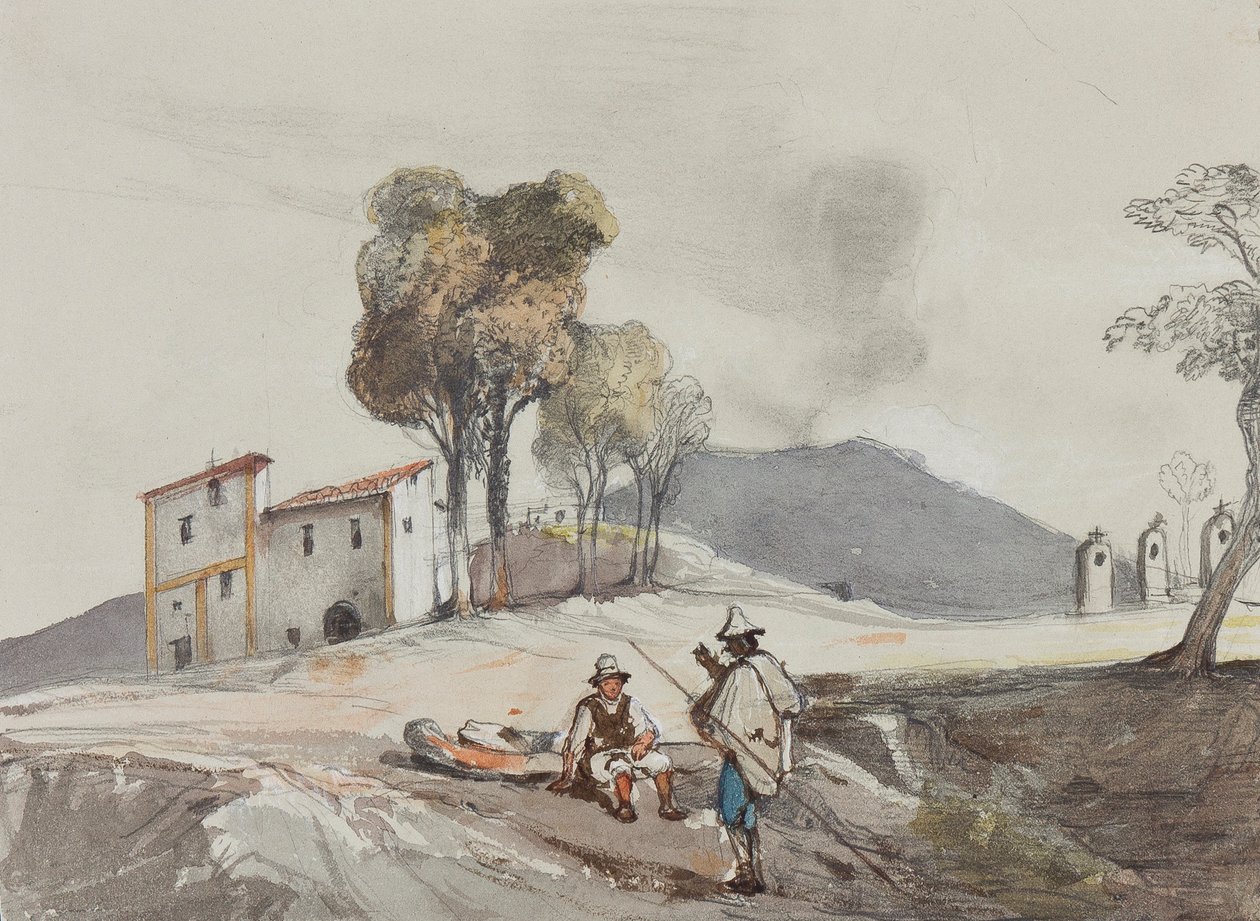 Hyrder med Vesuv i det fjerne, med tillegg av en Borbone-elev (blyant, wc og gouache på papir) av Giacinto Gigante