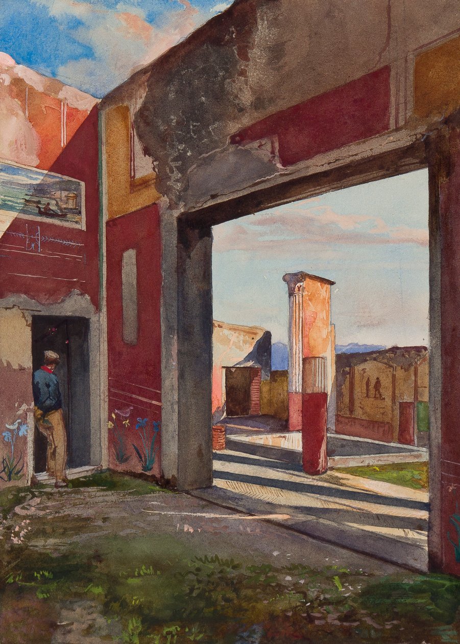 Huset til Castor og Pollux i Pompeii med en offisiell guide, med tillegg av en Borbone elev (blyant, wc og gouache på papir) av Giacinto Gigante