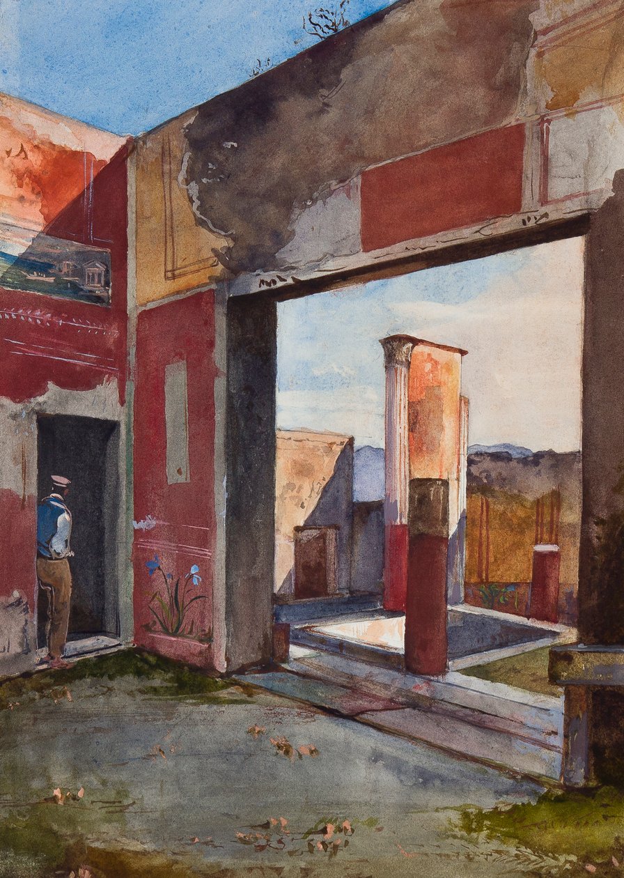 Huset til Castor og Pollux i Pompeii med en offisiell guide, med tillegg av en Borbone elev (blyant, wc og gouache på papir) av Giacinto Gigante
