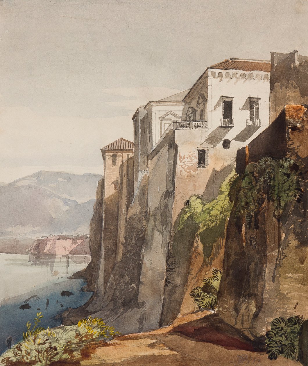 The House of Tasso, Sorrento, med tillegg av prinsesse Maria Annunziata di Borbone (1843-1871), 1853 (blyant, wc og gouache på papir) av Giacinto Gigante