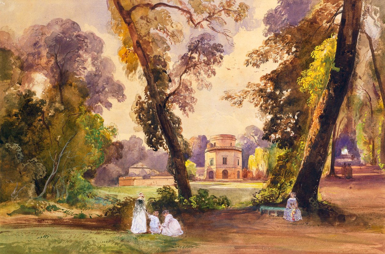 Jakthytta i parken Caserta, ca. 1852-55 (blyant og tempera) av Giacinto Gigante