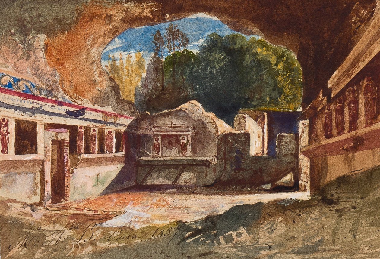 Tepidarium, Pompeii, med tillegg av prinsesse Maria Annunziata di Borbone (1843-1871), 1857 (blyant, wc og gouache på papir) av Giacinto Gigante