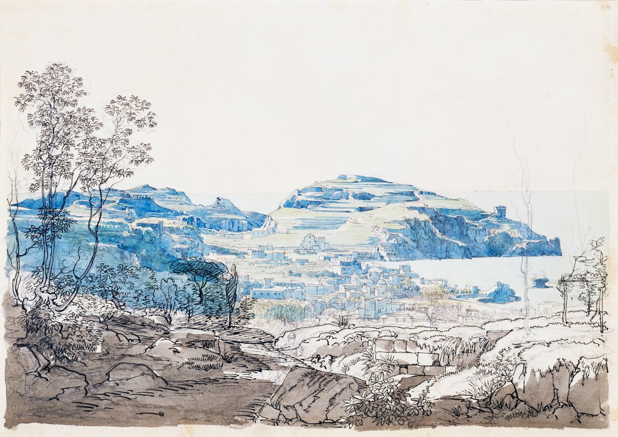 Utsikt over Ischia (Lacco Ameno), ca. 1845 (blyant, penn og akvarell) av Giacinto Gigante